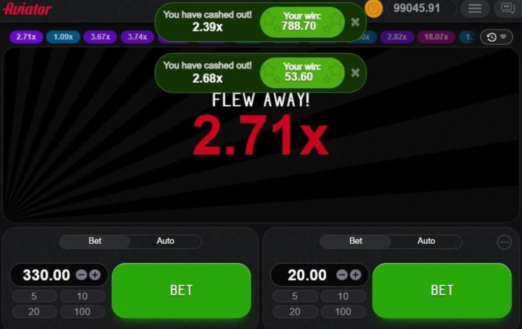 Aviator game interface showing two successful cash-outs